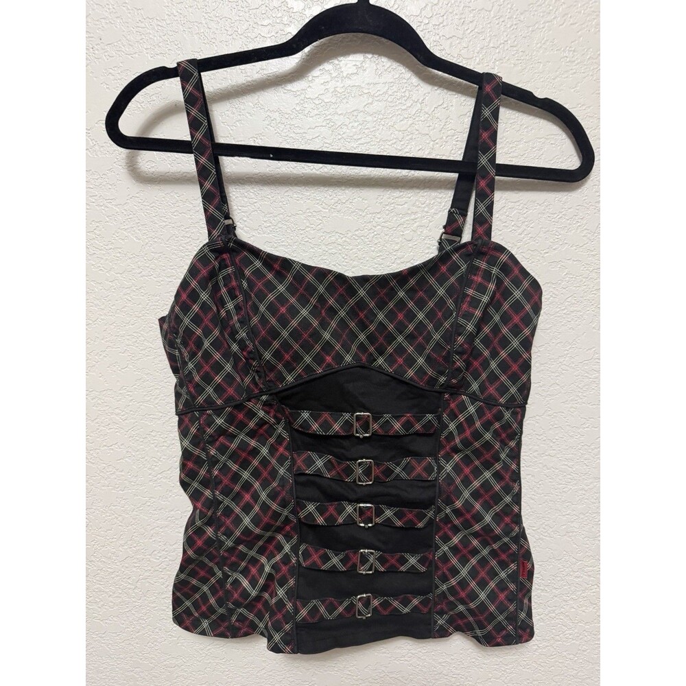 Tripp NYC Vintage Y2K Black Red Plaid Corset Top Size S Punk Goth Grunge Emo